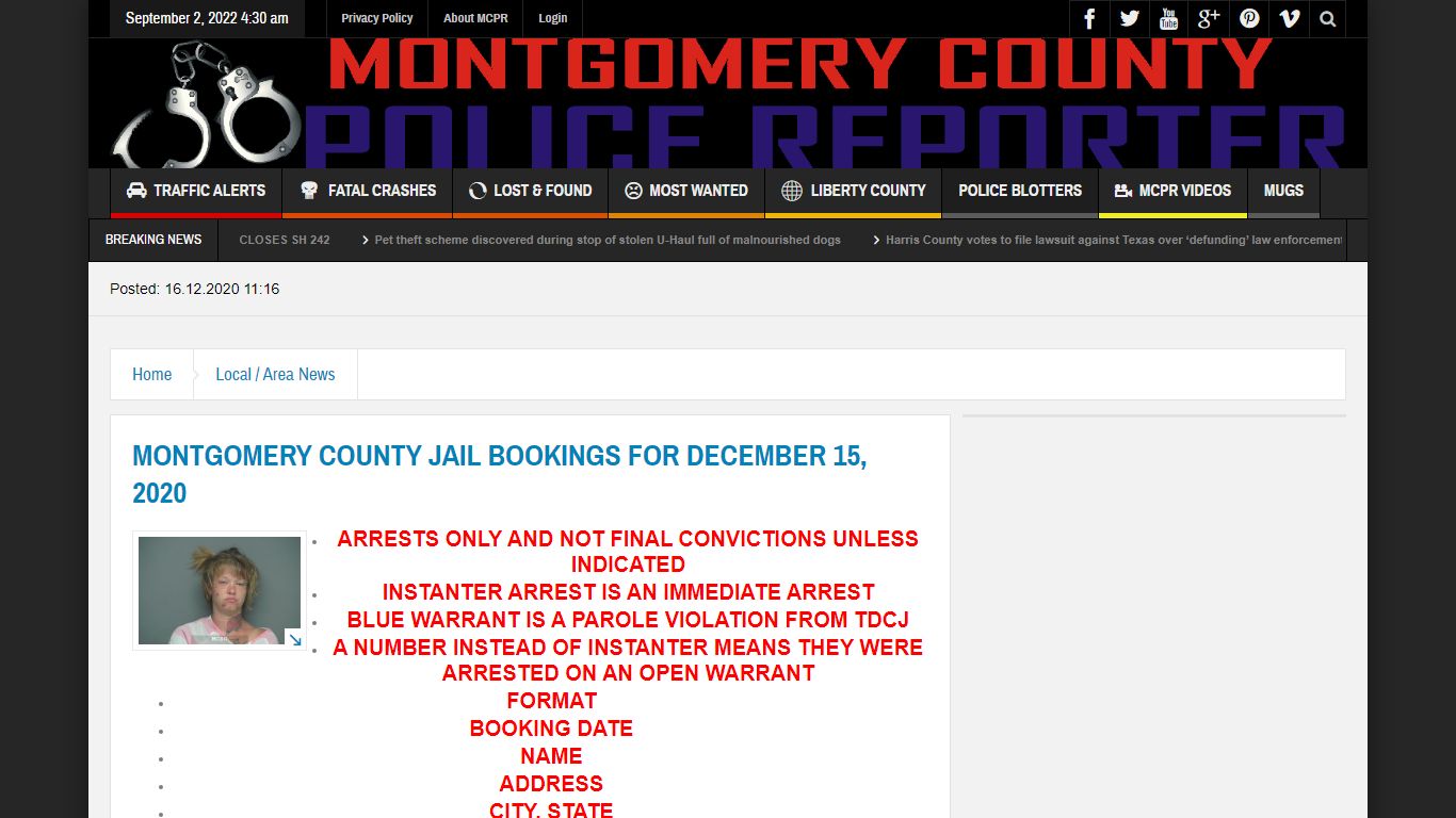 MONTGOMERY COUNTY JAIL BOOKINGS FOR DECEMBER 15, 2020