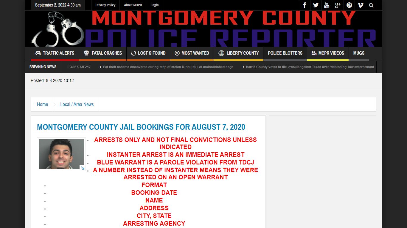 MONTGOMERY COUNTY JAIL BOOKINGS FOR AUGUST 7, 2020
